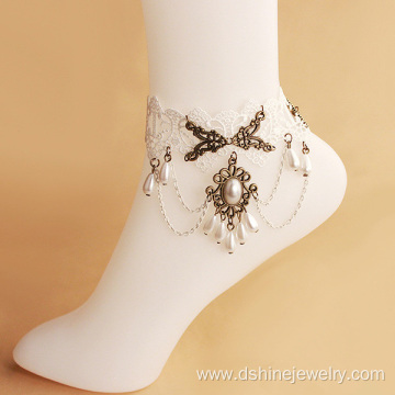 Wholesale Jewelry White Lace Anklet Bracelet With Drop Pearl